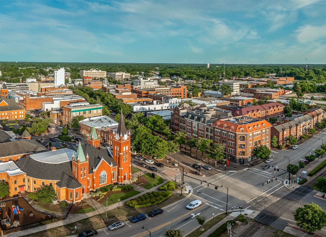 Newton, NC - Aerial view of Fayetteville North Carolina downtown business district